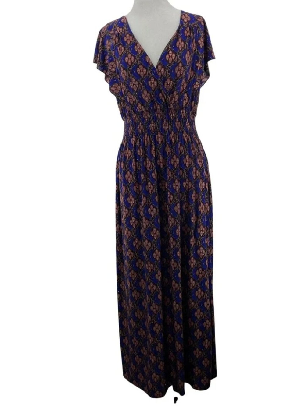 Seven Islands Size Large Maxi Dress Blue Purple Geometric Smocked Waist Womens